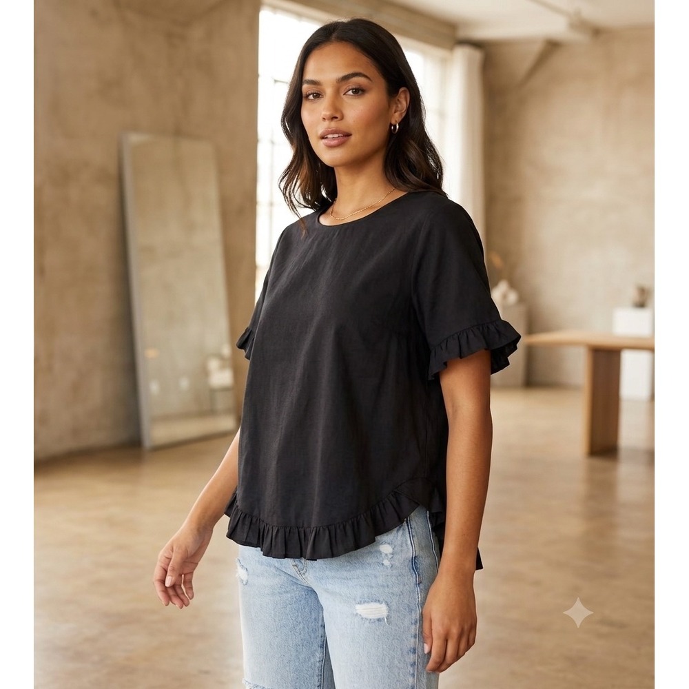Welove Fashion Black Linen Cotton Ruffle Hem Button Back Blouse XL
